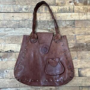 Hand Made Brown Distressed Leather Shoulder Bag Studded Accents